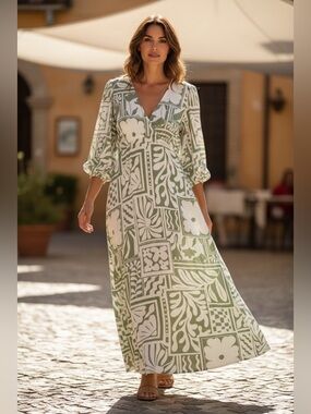 Petal & Pup White/Green Floral/Leaf Midi Dress